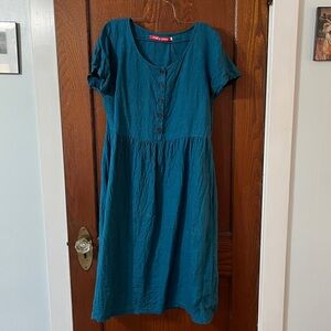 100% Linen Teal Midi Dress with Button Detail
